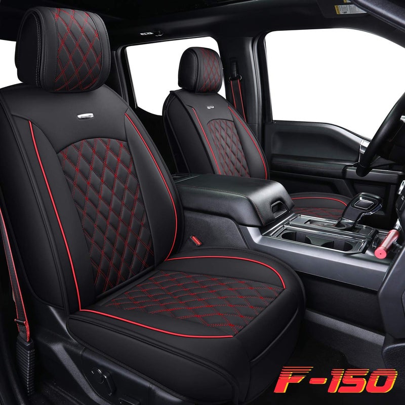 Aierxuan Front Car Seat Covers Custom Fit 2009-2026 Ford F150, 2017-2026 F250 F350 F450 Super Duty Crew Cab Regular Cab Super Cab, Automotive Vehicle Cushion with Waterproof Leather (Black and Red) - Image 2